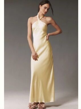 BHLDN Butter Yellow Selma Halter-Neck High-Shine Satin Maxi Dress